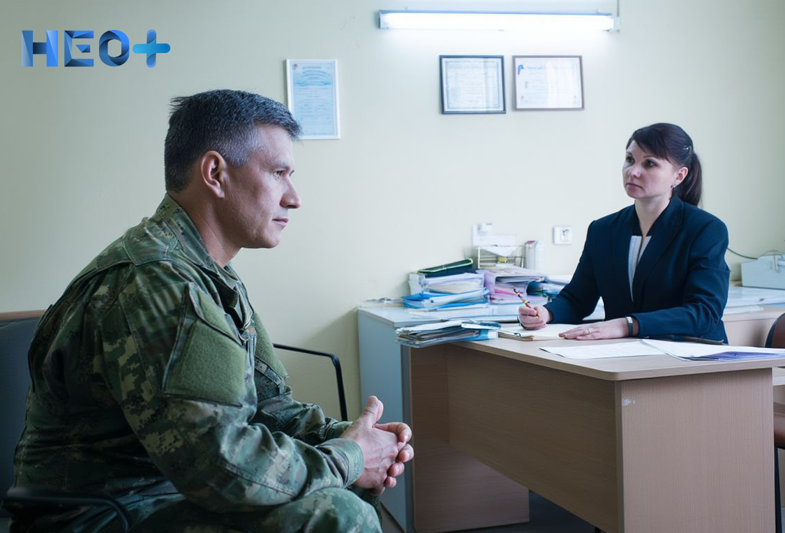 Ветеран войны в военной форме на приеме у психолога